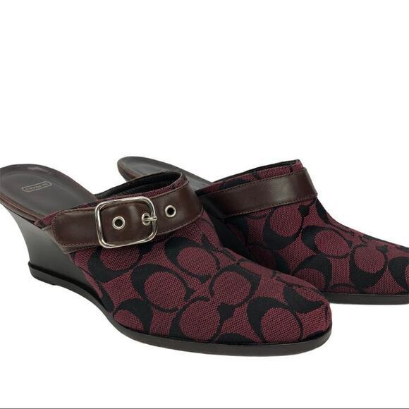 COACH Signature Monogram Canva Burgundy/wine Logo textile Bethany Wedge Mules 7 - Picture 7 of 16